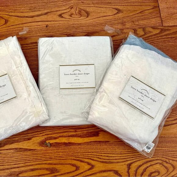 3 Pottery Barn 50W x 84L White Sheer Curtains. Blue Border Bottom and Si… - Picture 1 of 4